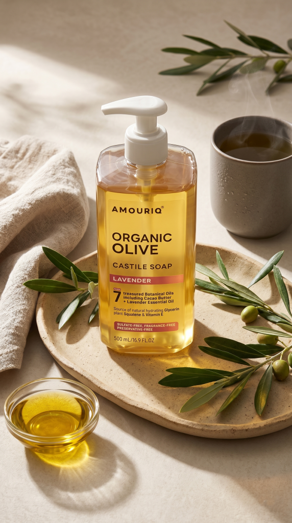 AMOURIQ Organic Olive Castile Soap — Lavender, lifestyle photography